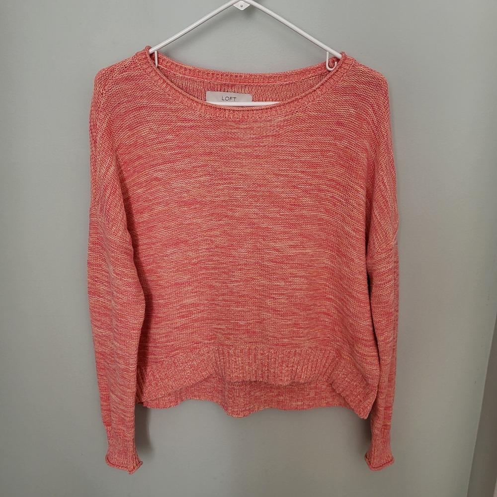 Women LOFT Large marled elliptical hem‎ sweater Pink Orange Cropped Cotton